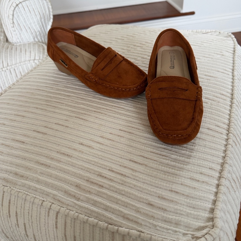 Golden Road Cognac Faux Suede Wedge Loafers | Dark Academia penny loafer 8 - Picture 2 of 14